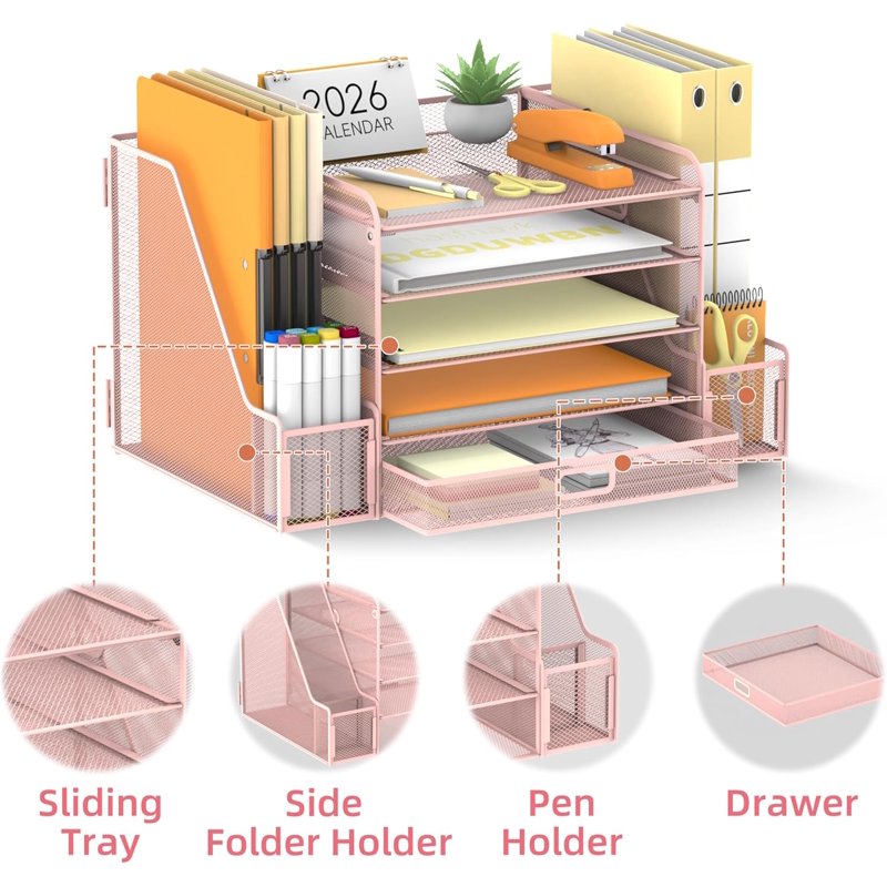 5-Tier Metal Mesh Desk Organizer with File Holder Pen Tray and Drawer