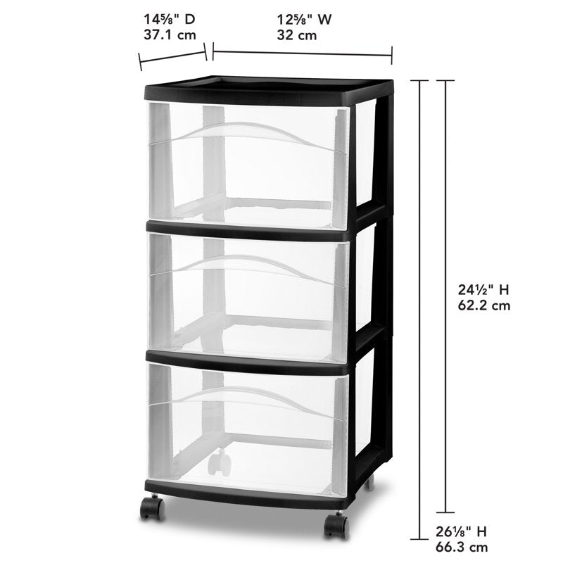 3 Drawer Mobile Storage Cart - Plastic Organizer with Casters, Black