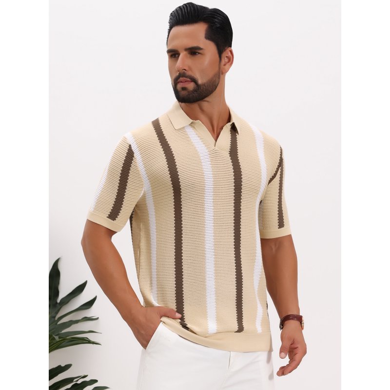 Daring Diva Men’s Hollow Knit Polo Shirt V-Neck Short Sleeve 2XL Khaki