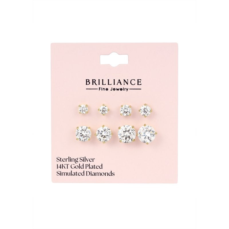 4-Pair Women's Simulated Diamond Earring Set in 14K Gold Plated Sterling Silver