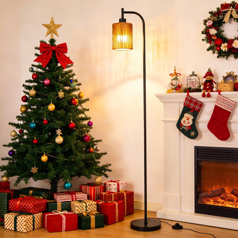 66-Inch Rattan Floor Lamp with Remote Control, Dimmable & Adjustable Color Temperature
