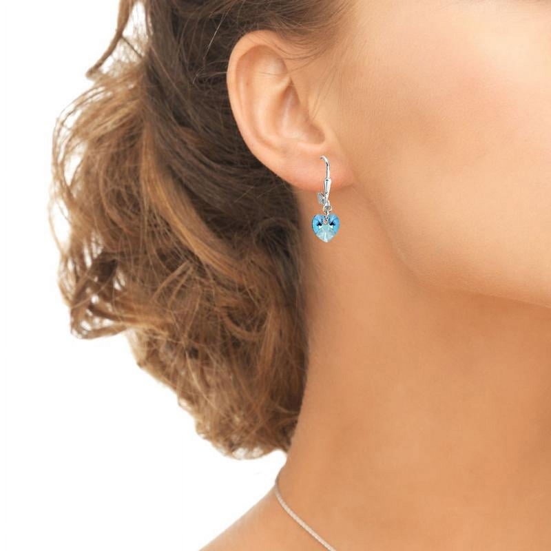 Sterling Silver Heart Dangle Earrings with Swarovski Crystals - Light Blue