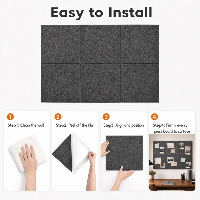 Felt Bulletin Board Tiles Pack for Wall Display - 11.8x11.8 Inches, Gray