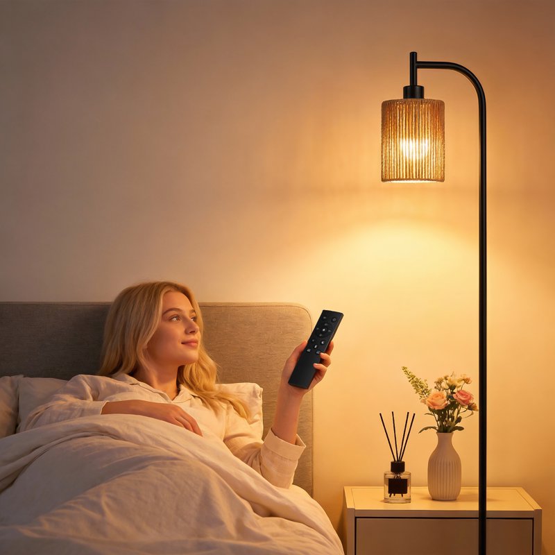 66-Inch Rattan Floor Lamp with Remote Control, Dimmable & Adjustable Color Temperature