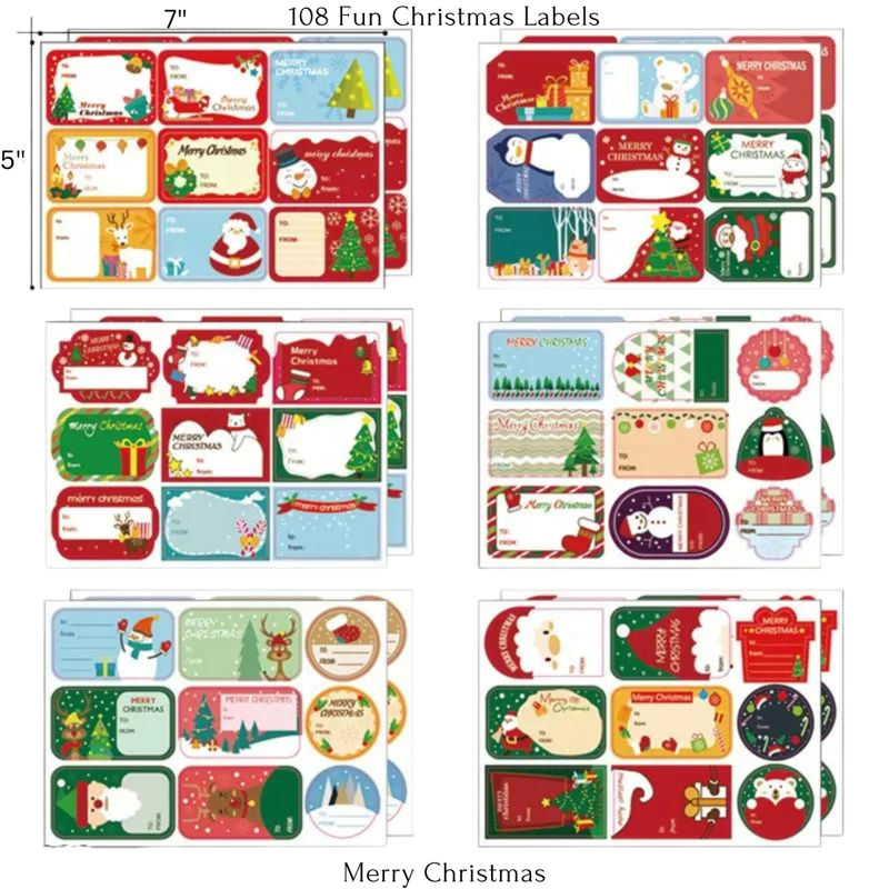 Christmas Gift Tag Stickers Set - 108 Count Holiday Gift Wrapping Labels