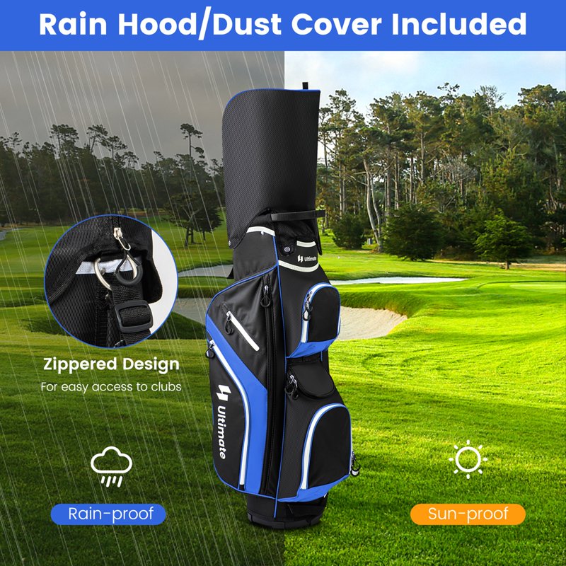Costway Blue 14-Way Golf Cart Bag with 9 Pockets, Rain Hood & Cooler