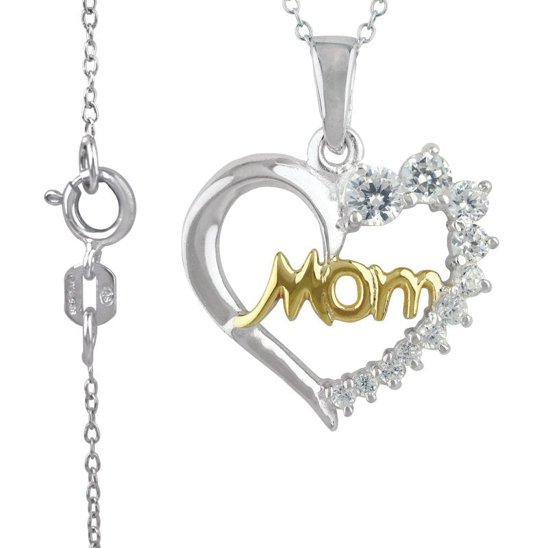 Sterling Silver and 14K Gold Flash Mom Heart Necklace with Simulated Diamonds