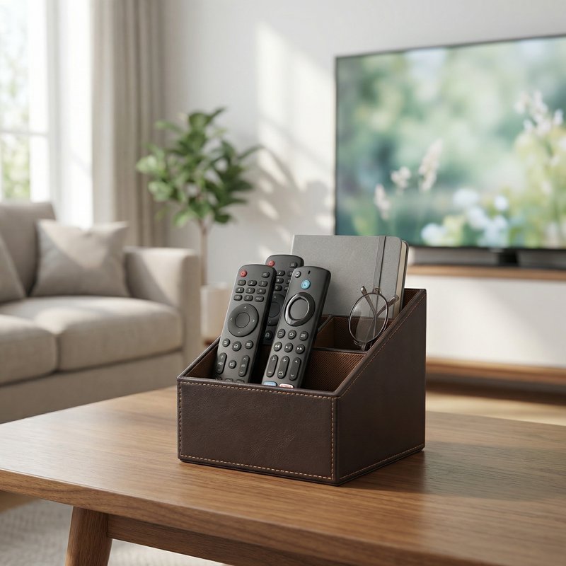 PU Leather Remote Control Organizer with 3 Compartments - Stylish TV Remote Caddy for Living Room and Desk