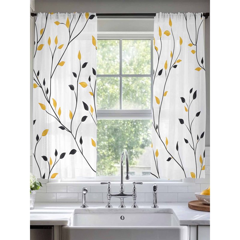 Yellow Sheer Curtains 72 Inch Length Set - Rustic Botanical Window Treatment