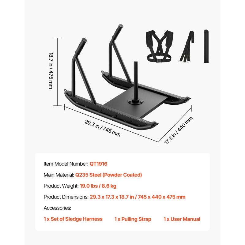 Steel Weight Sled for Fitness & Athletic Training - Compatible with 1/2 in Plates, Black