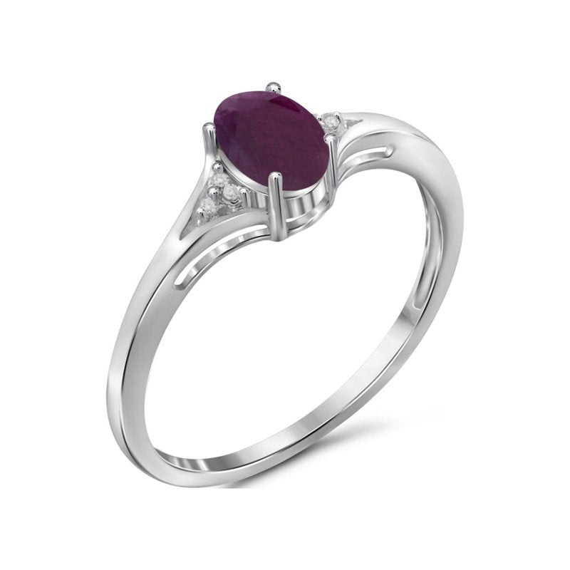 Genuine Ruby Birthstone Ring with White Diamond Accents - Sterling Silver Jewelry
