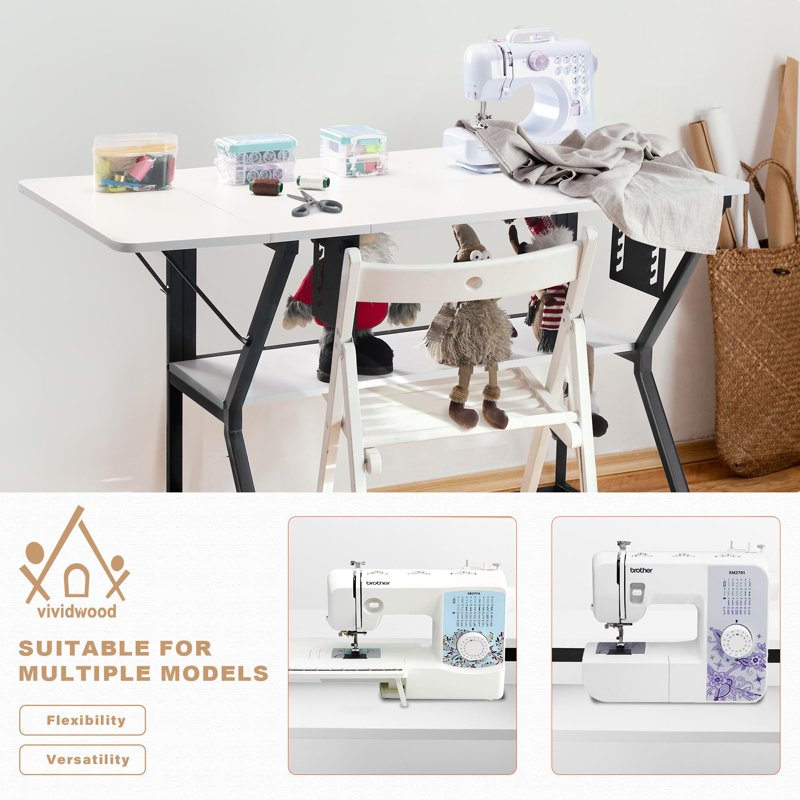 Large Sewing Table with Adjustable Platform & Storage Shelf - Vividwood