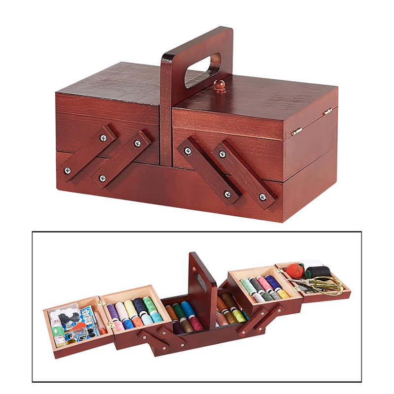 Expandable Wooden Sewing Basket with Handle - Red, 9.45 x 5.31 x 5.91 inches