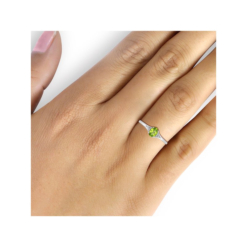 Peridot Gemstone Ring with White Diamond Accents - Sterling Silver Birthstone Jewelry for Women