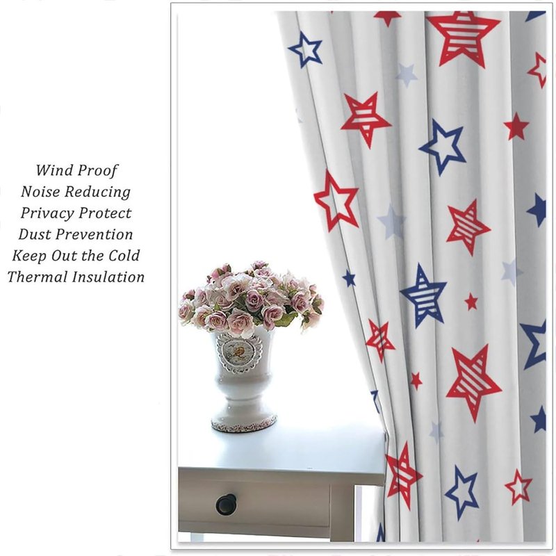 Independence Day Flagout Curtain Set - 4th of July Blue Red Star American Flag Pattern Window Drapes - Multiple Sizes