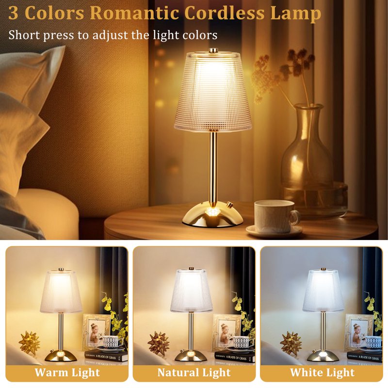 Rechargeable Cordless Crystal Table Lamp with 3 Light Colors and Dimming
