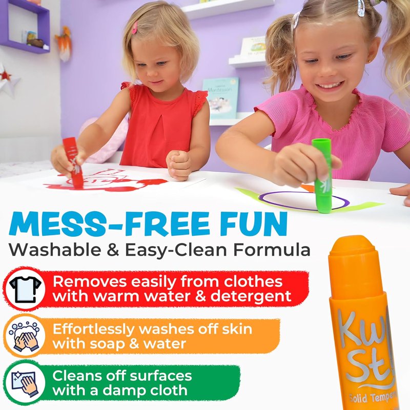 Kids Tempera Paint Sticks Set of 12 - Primary Colors, Quick-Dry & Washable