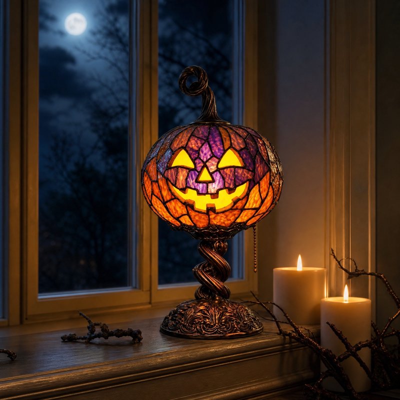 Halloween Pumpkin Lamp - Tiffany-Style Night Light for Home & Party Decor