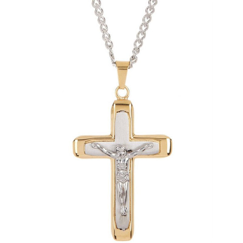 Men's Two-Tone Gold Stainless Steel Crucifix Cross Pendant with 24-Inch Chain