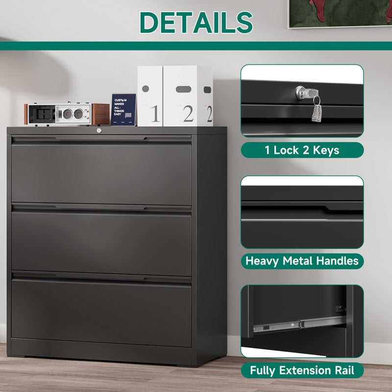 Metal 3 Drawer Lateral File Cabinet with Lock for Office & Home Storage