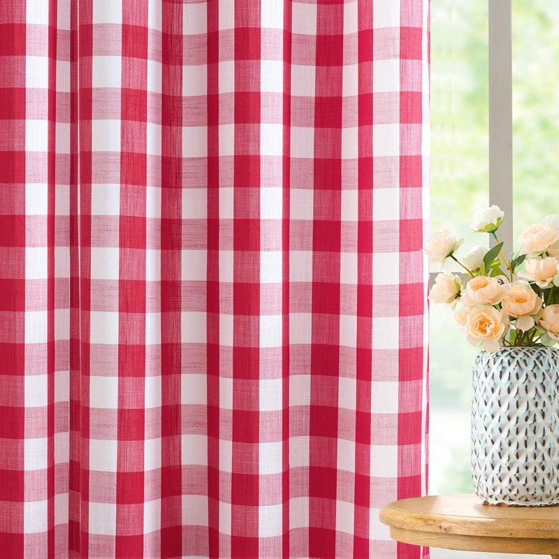 Buffalo Check Semi Sheer Curtain Panels Gingham Farmhouse Style Grommet Top Window Drapes
