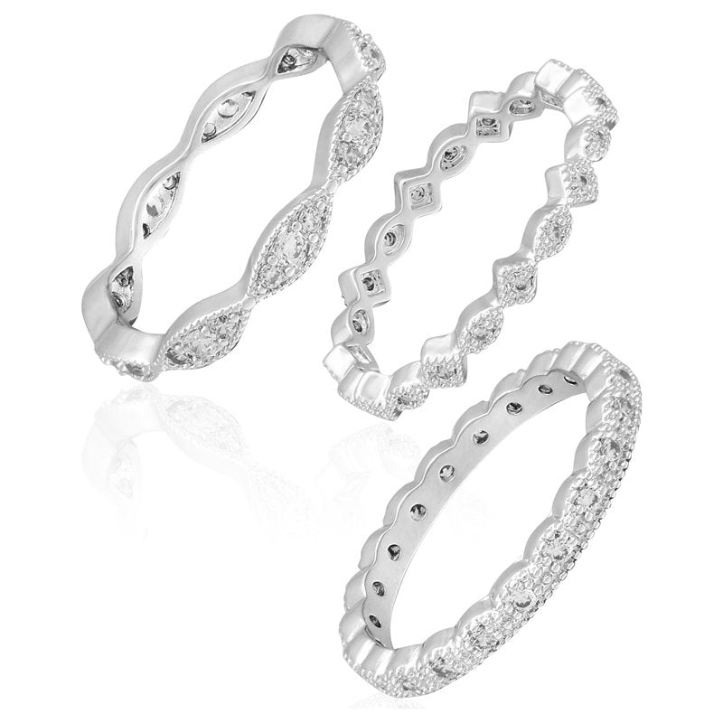 Women's Art Deco Stackable Silver-Plated Ring Set with Cubic Zirconia - Multiple Sizes