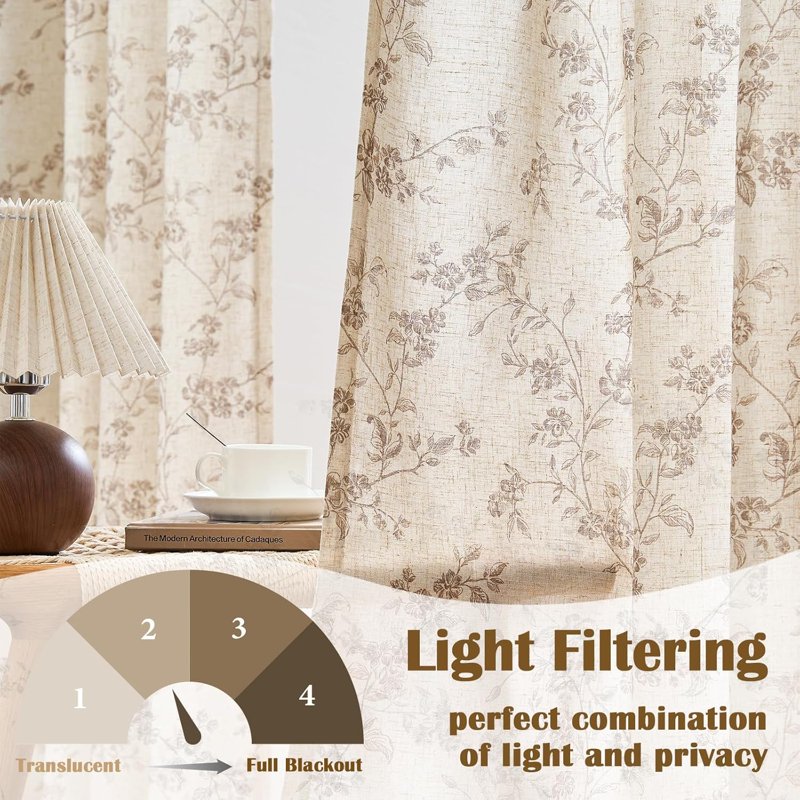 Farmhouse Taupe Floral Curtains - 96 Inch Light Filtering Drapes, 2 Panels