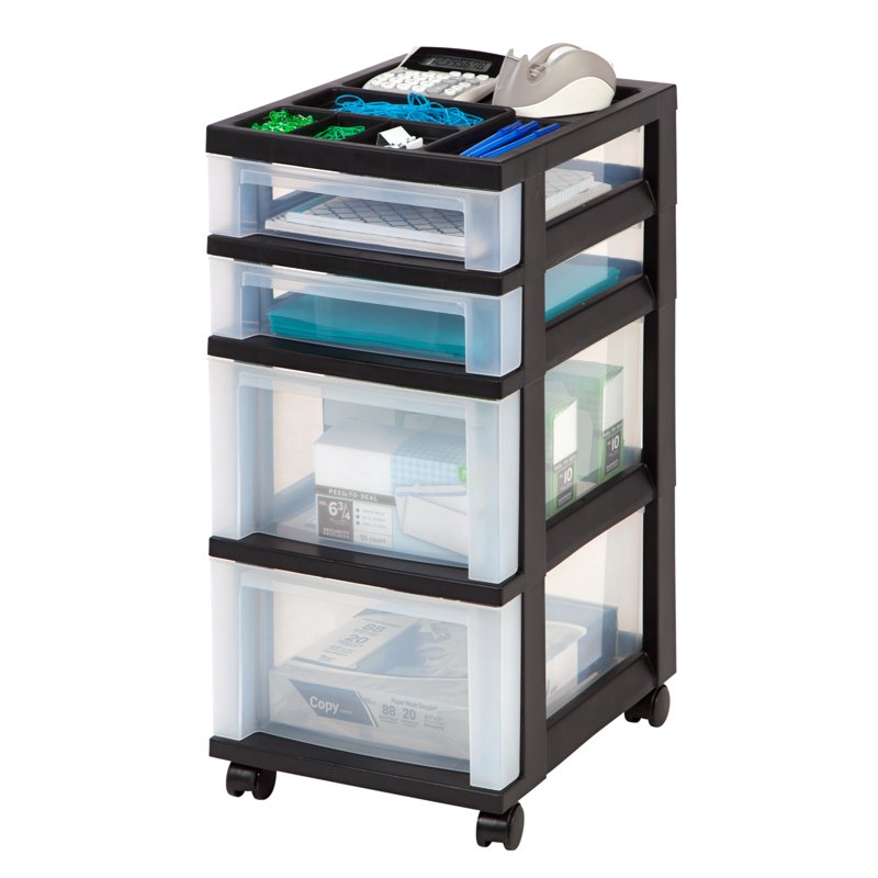 4-Drawer Storage Cart with Organizer Top - Black Office & Home Organization