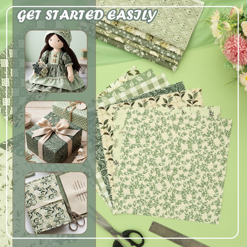 40 Pcs Sage Green Floral Cotton Fabric Squares for Quilting Sewing Crafts