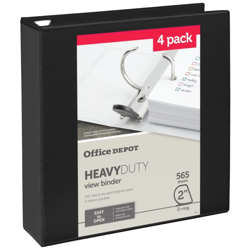 Heavy-Duty 3-Ring Binder 2 Inch Capacity - Black, Pack of 4