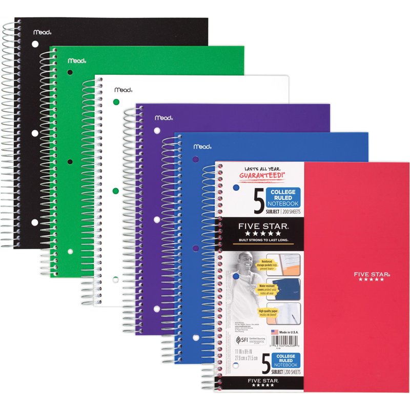 Five Star 5-Subject College Ruled Notebook - Water-Resistant Cover, 200 Pages