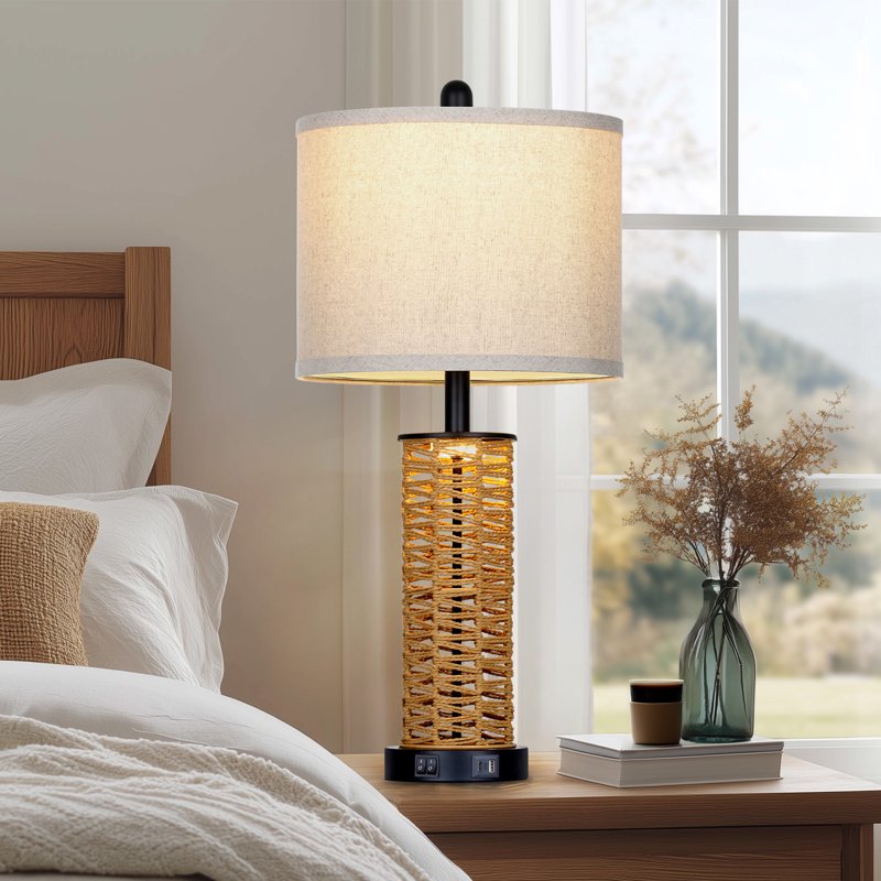 Set of 2 Rattan Woven Table Lamps with Dual Switches & USB Charging Ports - Farmhouse Nightstand Lighting