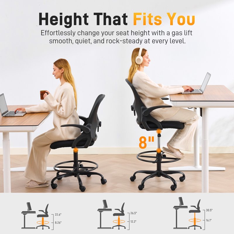 Adjustable Height Drafting Office Chair with Foot Rest & Ergonomic Support — Black