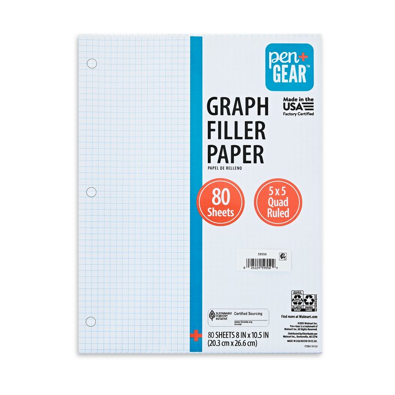 Graph Ruled Filler Paper - 5x5 Quad Grid, 80 Sheets, 8x10.5 Inches