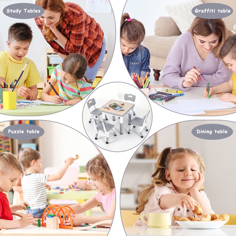 Kids Height Adjustable Activity Table Set with Graffiti Desktop & Chairs - Toddler Play Furniture