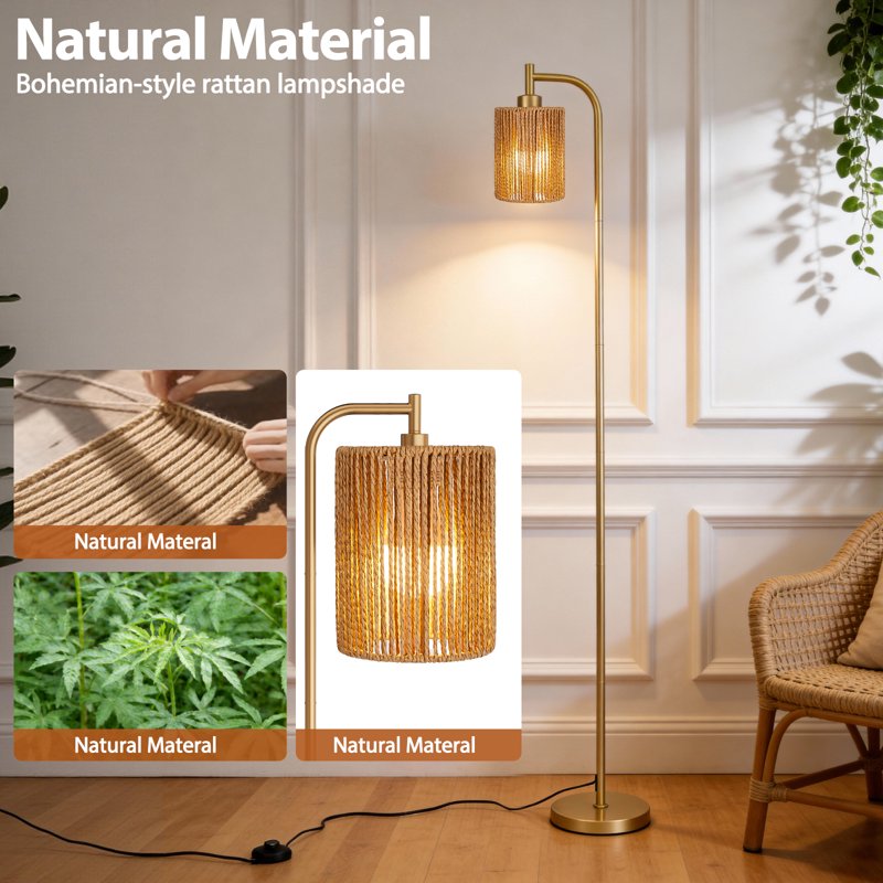 66-Inch Rattan Floor Lamp with 3 Color Temperatures and Foot Switch - Boho Gold Standing Lamp for Living Room, Bedroom, Office