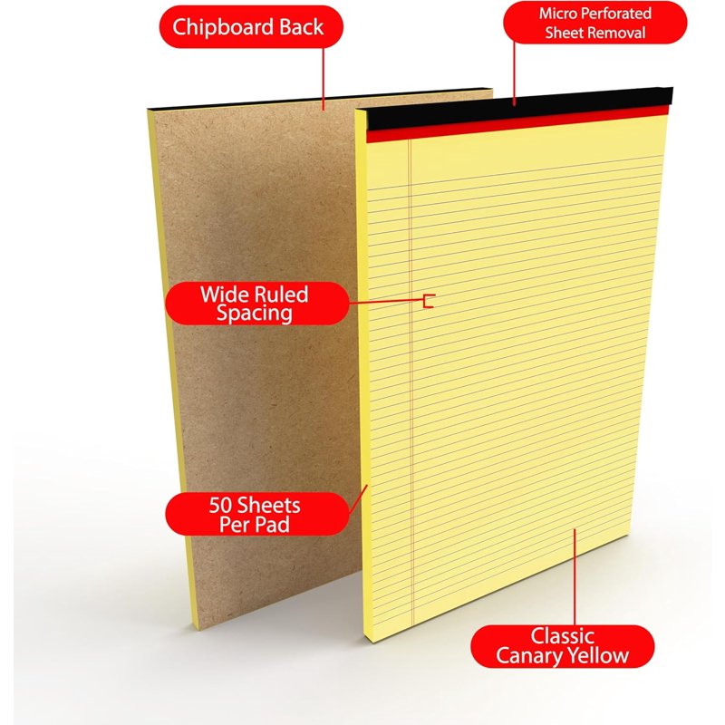 Legal Wide Ruled Notepad 50 Sheets - Canary Yellow, 48-Pack