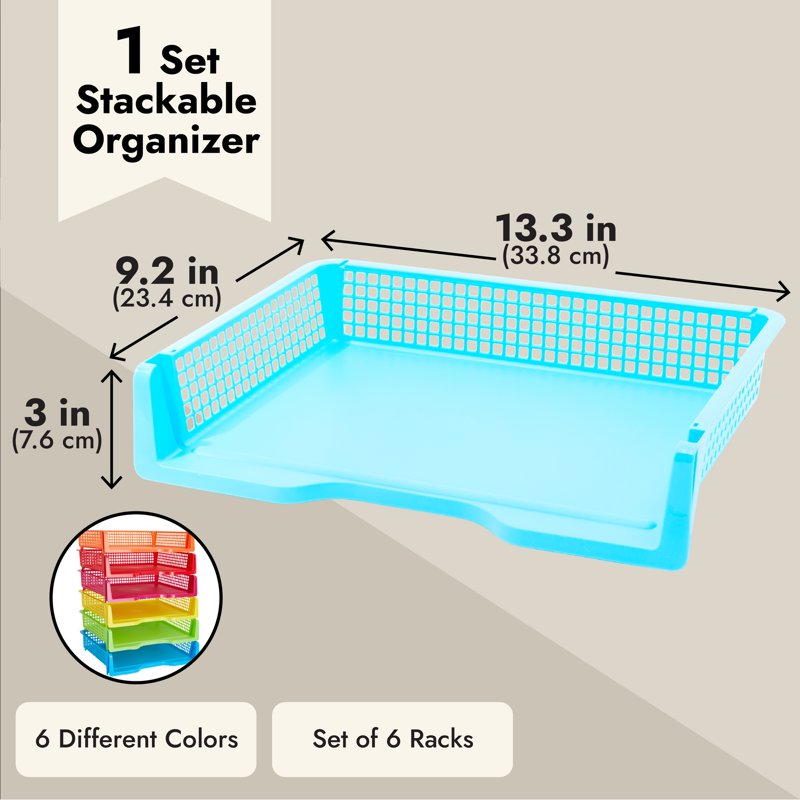 Rainbow Classroom Paper Organizer Trays Set of 6 - Plastic Desk Baskets