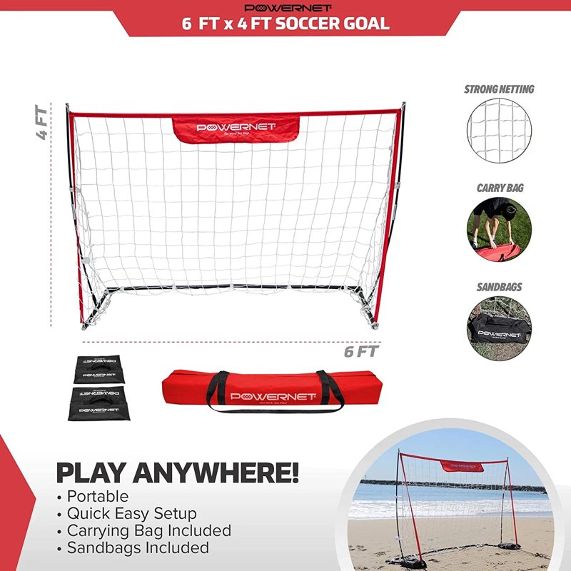 PowerNet 6x4 ft Portable Soccer Goal – Collapsible Pop-Up Goal with Fiberglass Poles, Includes Storage Bag and Sandbags