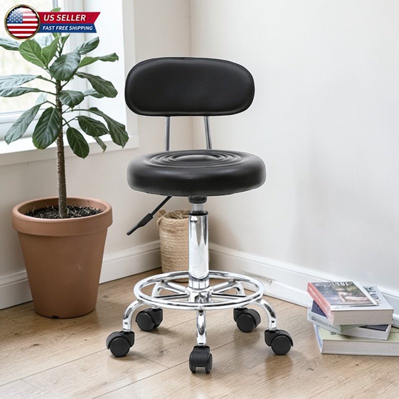 Height-Adjustable Swivel Drafting Stool with Backrest and Chrome Base — Black