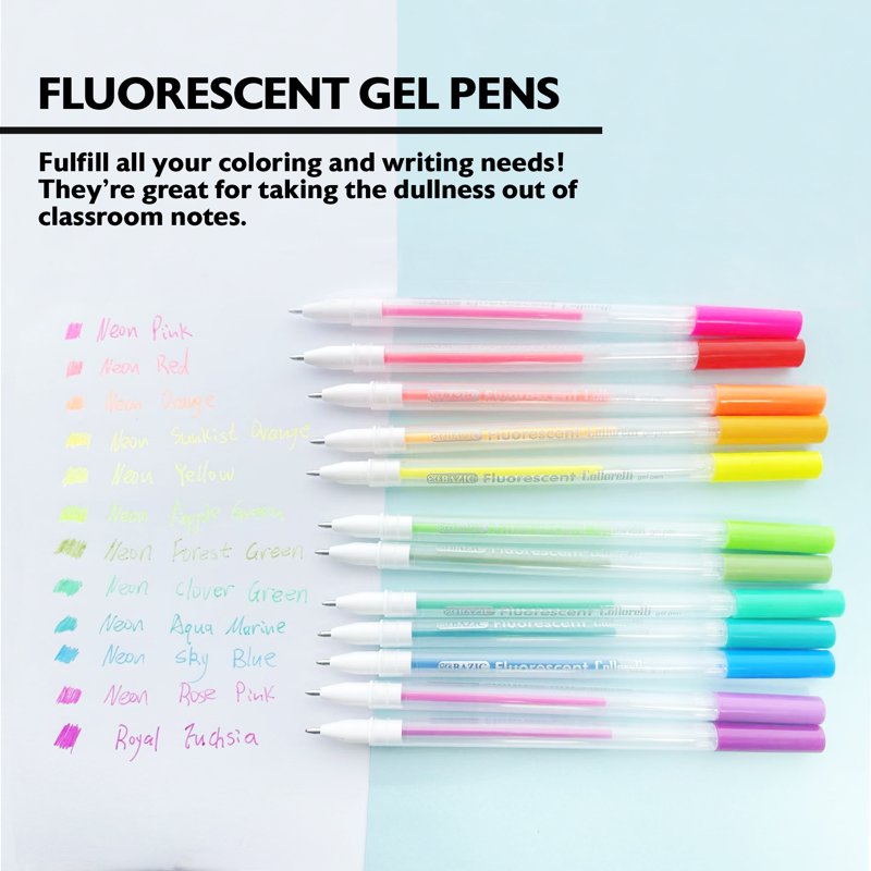 Fluorescent Gel Pens Set - 12 Colors, 0.8mm Medium Point for Writing & Art