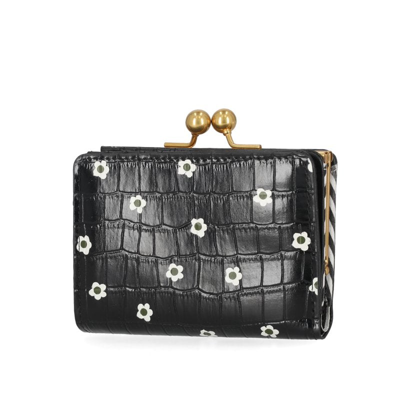 Croco Textured Women's Kiss Lock Wallet with Floral Accents