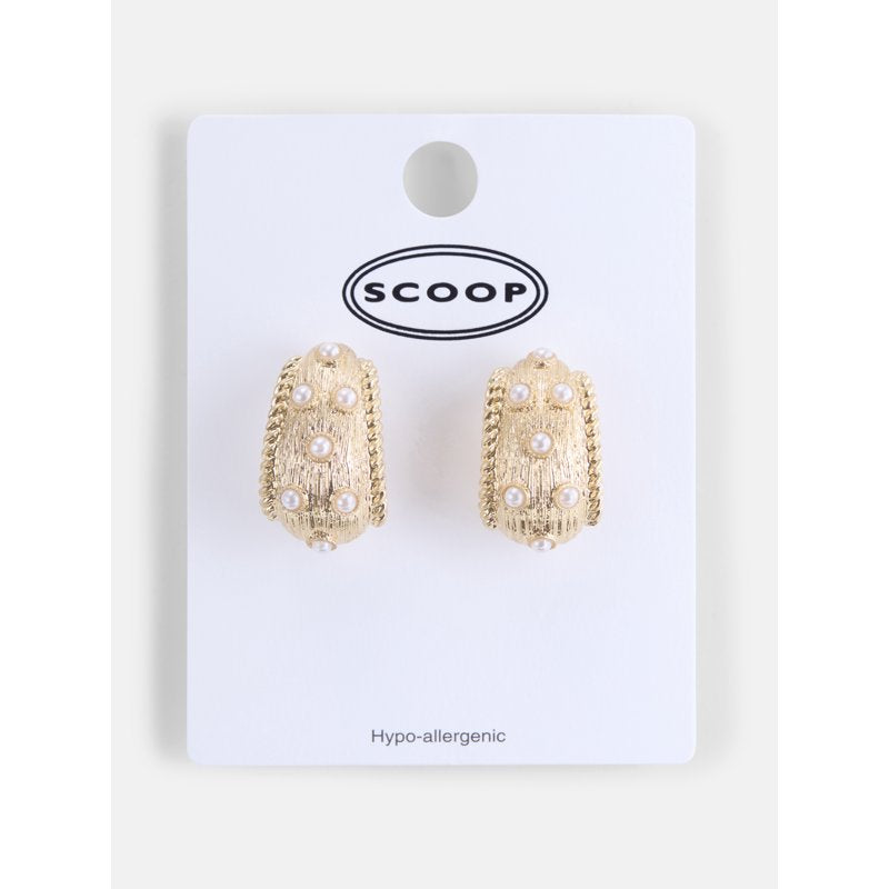 Gold Tone Faux Pearl Hoop Earrings with Textured Rope Design - Scoop