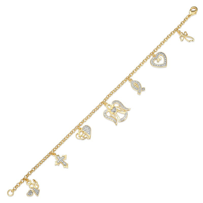 Diamond Charm Bracelet Set in 14K Gold Plated Brass, 7.25 Inch Women’s Jewelry