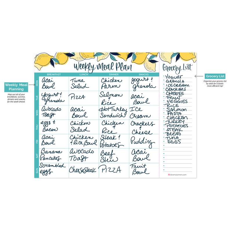 Horizontal Meal Planning Pad with Magnets - Lemons, 8.5 x 11 Inches, Grocery List