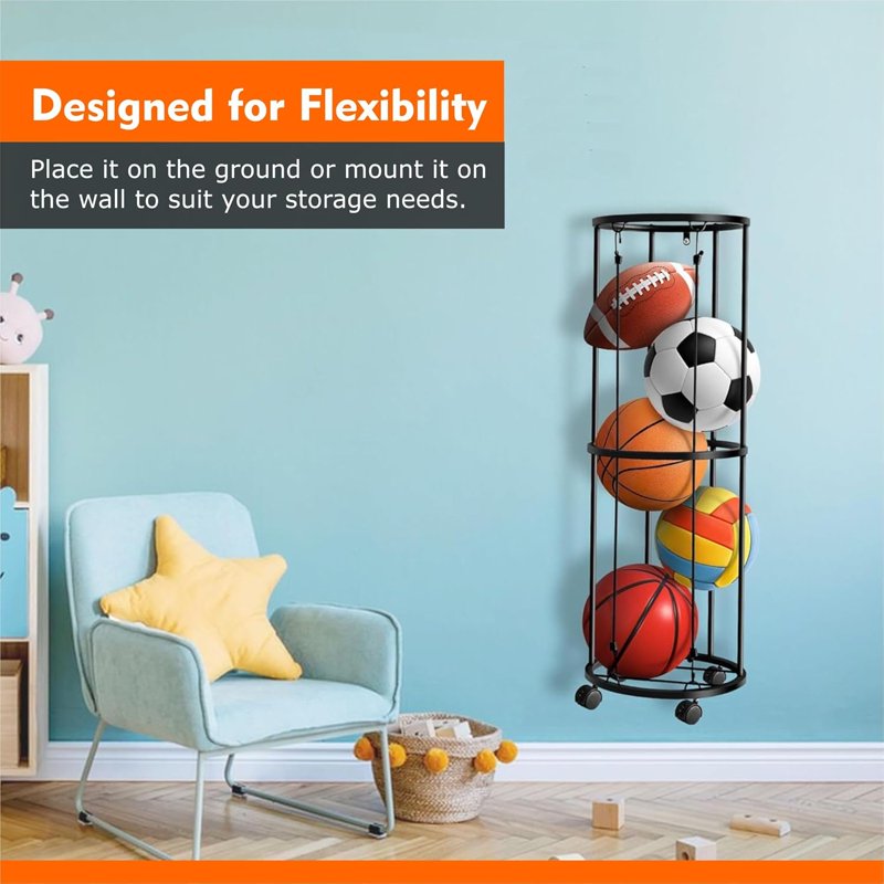 Vertical Ball Storage Rack with Wheels for Basketball Volleyball Soccer Balls