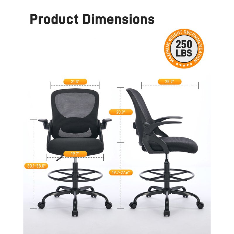 Adjustable Height Drafting Office Chair with Foot Rest & Ergonomic Support — Black