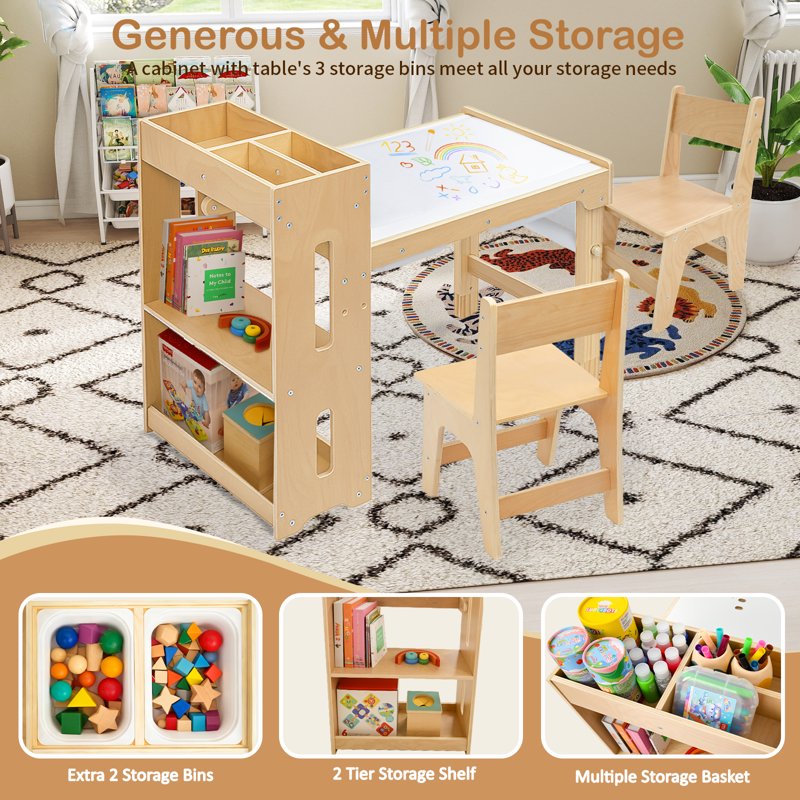 Adjustable Height Kids Activity Table with Storage Shelves and Chairs - Toddler Play Desk
