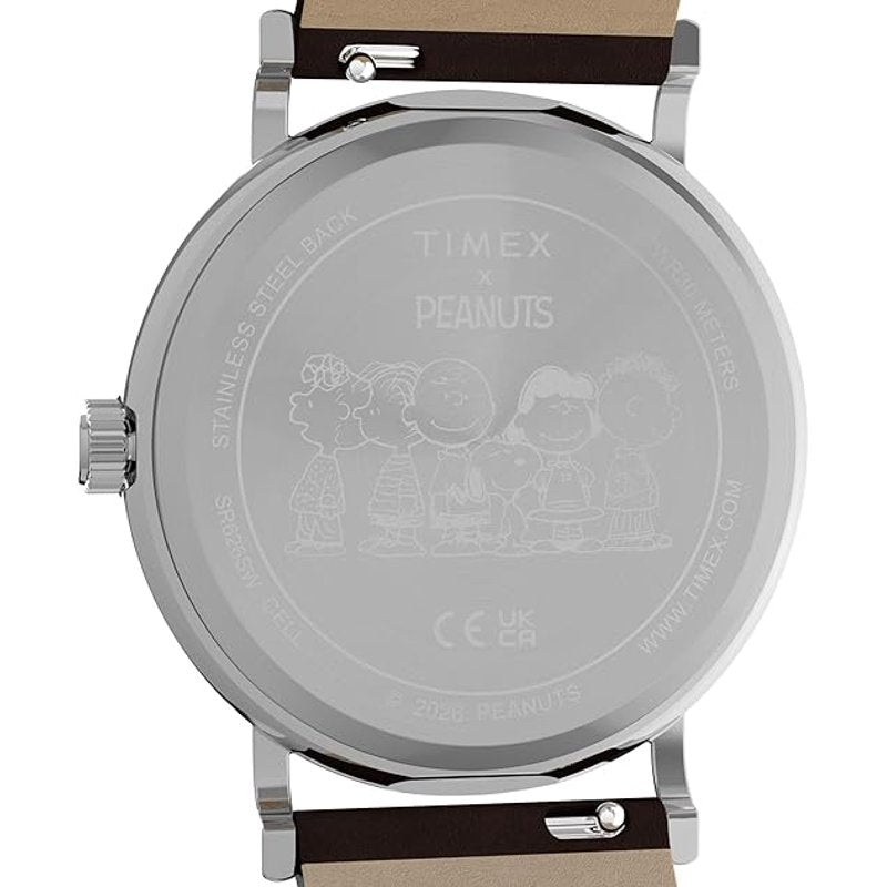 Men's Baseball Watch with Snoopy Dial - 38mm Sport Watch, Brown Leather Strap