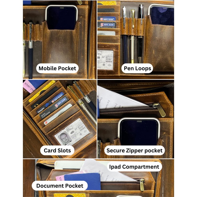 Leather Portfolio for Men and Women - Full Grain Zippered Document Organizer